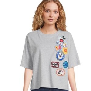 Disney Mickey Mouse Juniors Multi Patch Grey Graphic Crop Tee 2XL Y2k